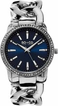 NEW SO &amp; CO New York 5071.2 Women&#39;s SoHo Crystal Bezel Blue Dial Silver Watch - £40.40 GBP