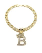 Crowned Initial Letter B Crystals Pendant Gold-Tone Cuban Linked Chain Necklace - £35.95 GBP