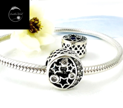 Moon And Stars Bead Charm Genuine Sterling Silver 925 With Blue Cubic Zirconia - £18.03 GBP