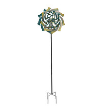Teal and Yellow Finish Dual Flower Metal Wind Spinner Garden Stake 70 Inches - £58.53 GBP