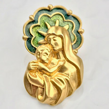 Mother Mary Baby Jesus Pin Gold Tone Green Enamel Vintage Brooch By Avon - $9.95