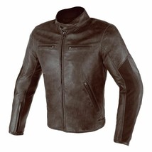 Men Dark Brown Motor Bike Front Zipper Cowhide Genuine Leather Safety Pad jacket - £131.61 GBP