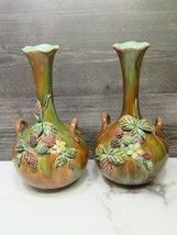 Antique PAIR Majolica Gourd Shaped Handled Vases Raised Leaves Berries F... - £112.64 GBP