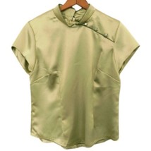 Asian Satin Chartreuse Top XL Geisha Blouse Mandarin Collar Button Vintage 70s - $34.64