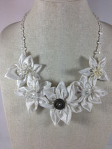 Crystal White Fabric Floral Flower Textile Bridal Handmade Statement Necklace - £19.83 GBP