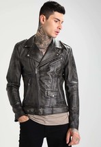 Men&#39;s Biker Vintage Motorcycle Distressed Black Slim Fit Leather Jacket ... - £86.52 GBP