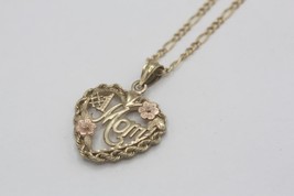 Fine 10K Yellow &amp; Rose Gold Flower Accent #1 Mom Rope Edge Heart Pendant Charm - £56.25 GBP