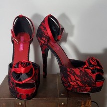 Bordello Bella Red Satin Black Lace Peep Toe Stilettos Ankle Strap Size 8 - £34.69 GBP