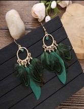 Green and gold feather earrings - drop tassel earrings - Summer - Festival - £15.68 GBP