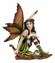 Jolly Christmas Woodlands Elf Fairy With Gazing Ball Sitting On Oak Leaf Statue - £23.53 GBP