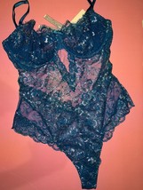Victoria&#39;s Secret M unlined Balconette Teddy TEAL BLUE silver foil lace ... - $69.29