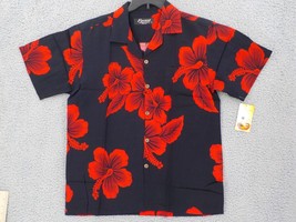 Favant Hawaiian Shirt Mens Sz L Black With Red Hibiscus Flowers Left Pocket Nwt - £15.01 GBP