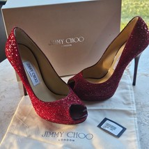 Jimmy Choo 122mm Crown Coarse Glitter Fabric Red Pump Heels Size US 8.5 ... - £300.25 GBP