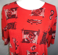 Vintage Liz Baker Women&#39;s Medium Short Sleeve Blouse Red Black Abstract ... - $6.66