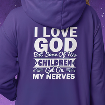 Heavy Blend™ Hoodie Sweatshirt &quot;I Love God&quot; white graphic print on back - £23.44 GBP+