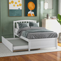 Twin Size Platform Bed Wood Bed Frame With Trundle, White - £222.39 GBP