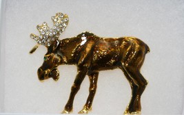 Vintage Moose Pin Crystal Accents on Antlers Brown Gold Tone Moose Brooch - £11.82 GBP