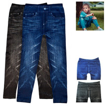 4Pc Girls Denim Print Leggings Fashion Stretch Pants Jegging Blue Black Kid S/M - £37.55 GBP
