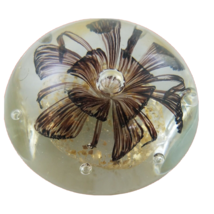 Vintage Oval Shaped Paperweight Clear Glass Flower Bubbles Brown Gold Jellyfish - £26.15 GBP