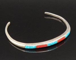 ZUNI NAVAJO 925 Silver - Vintage Crushed Coral &amp; Turquoise Cuff Bracelet- BT9539 - £70.29 GBP