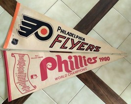 Lot (2) Vintage Pennants:  PHILADELPHIA FLYERS, PHILLIES World Champions... - £23.42 GBP