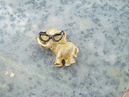 Vintage Mini Elephant Brooch Hat Lapel Pin Black Glasses 1960&#39;s Gold Tone 1.5x1&quot; - $11.62