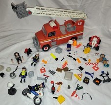 Playmobil Rescue Ladder Fire Truck Lights &amp; Sirens 6 figures Police Motorcycle - £35.25 GBP
