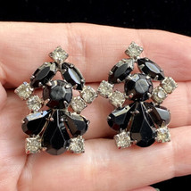 Vintage Gothic Black Glass Gray Rhinestones Prong-set Clip Back Earrings 1.3” - £23.56 GBP