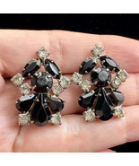 Vintage Gothic Black Glass Gray Rhinestones Prong-set Clip Back Earrings... - £23.56 GBP