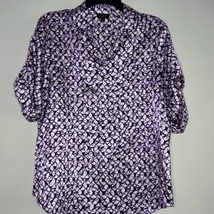 Talbots Blouse Women’s Petites Size 12P Purple White Silk Blend Top Roll... - $15.68