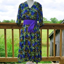 1980s Handmade Purple &amp; Green Floral Belted Midi Dress with Pockets Size Small - £23.73 GBP