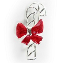 Candy Cane Brooch Pin Red Bow Holiday Christmas Silver Tone Openwork Candy - £7.84 GBP