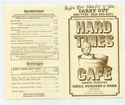 Hard Times Cafe Menu Award Winning Chili US 281 North San Antonio Texas - $9.90