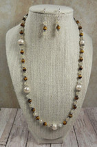 Tiger Eye Freshwater Pearl Crystal Necklace and Earrings Set Handmade - $39.59