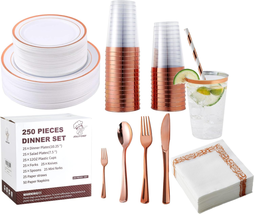 Rose Gold Disposable Plastic Dinnerware Set 250 Count, 50 Rose Gold Plas... - £40.64 GBP