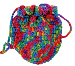 Handmade Crocheted Small Drawstring Girls Purse Rainbow Colored 7 x 6 - £11.47 GBP