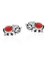 Thai Elephant Coral Inlay .925 Sterling Silver Post Earrings - £13.07 GBP