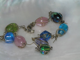 Estate Silvertone Wire-wrapped Colorful Glass Nugget Anklet or Large Bracelet – - £6.13 GBP