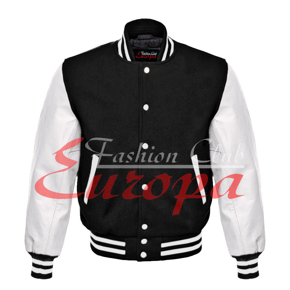 Traditional varsity Jacket Black Wool Letterman With Real White Leather Sleeves - $86.13
