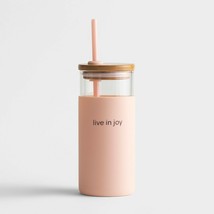 Live In Joy - 18 oz Pink Glass Tumbler with Bamboo Lid and Straw GIFT BOXED - £18.49 GBP