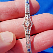 Earth mined Diamond Deco Bracelet 14K Gold Vintage French cut Sapphire Design - £1,500.92 GBP