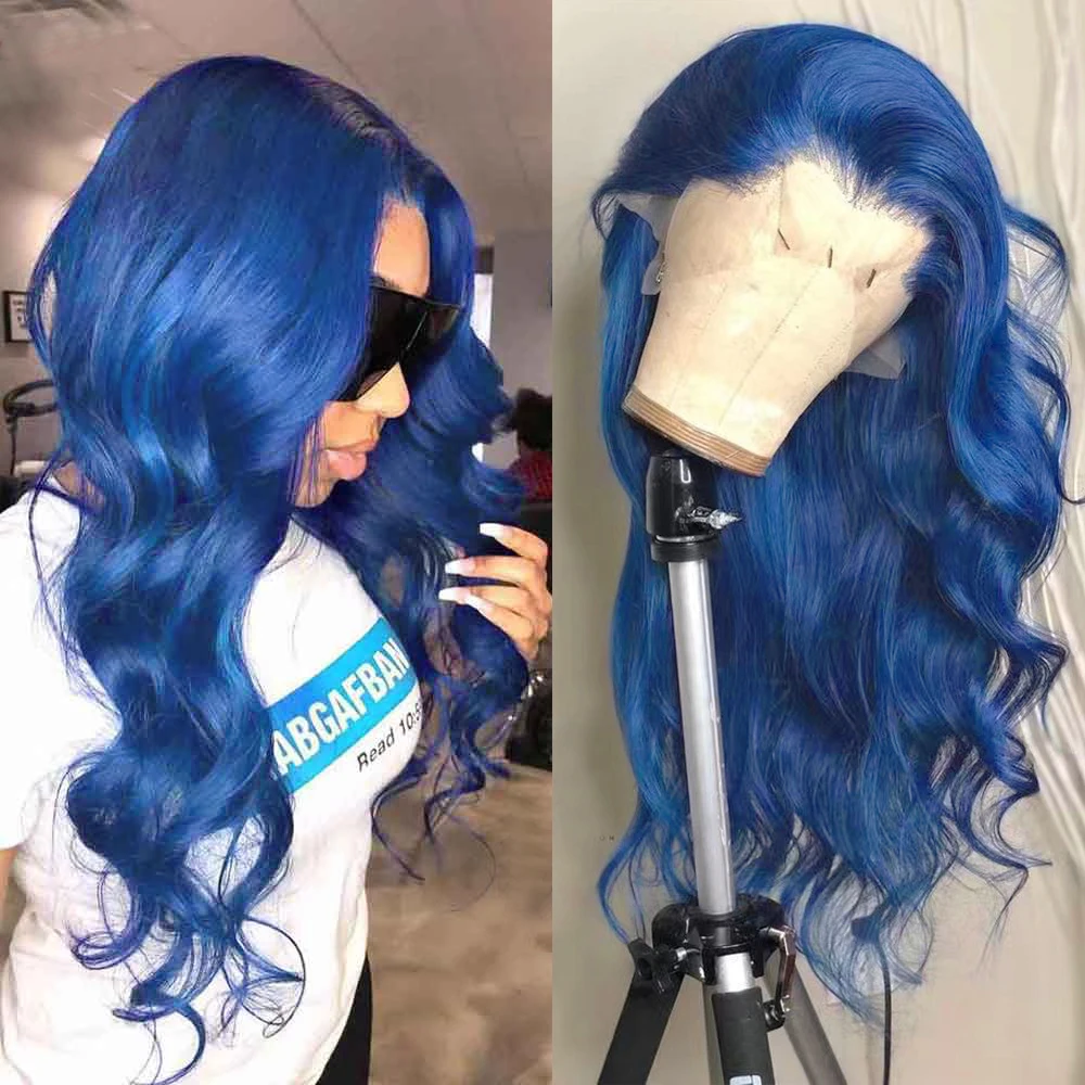 RONGDUOYI Blue Colored Body Wave Synthetic Wig Long Wavy Natural Hair Gluele - £44.23 GBP+