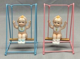 Vintage 1985 Lefton Boy Girl Kewpie on Swings Pink Blue Taiwan 05314 Porcelain - £20.13 GBP