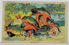 Fishing Scene Retro Car I Got The Limit in Blain Pennsylvania Linen Postcard M19 - $19.95