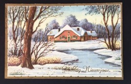 Vtg Dutch Greeting Card Happy New Year Posted 1955 Snowy Cottage Landscape - £4.78 GBP