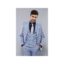 Men 3pc European Vested Suit WESSI by J.VALINTIN Extra Slim Fit JV30 blue plaid image 10