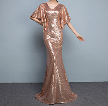 Rose Gold Sleeves Sequin Dress Gold Maxi Long Plus Size Mermaid Sequin Dress image 1