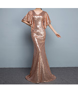 Rose Gold Sleeves Sequin Dress Gold Maxi Long Plus Size Mermaid Sequin D... - $190.97 CAD