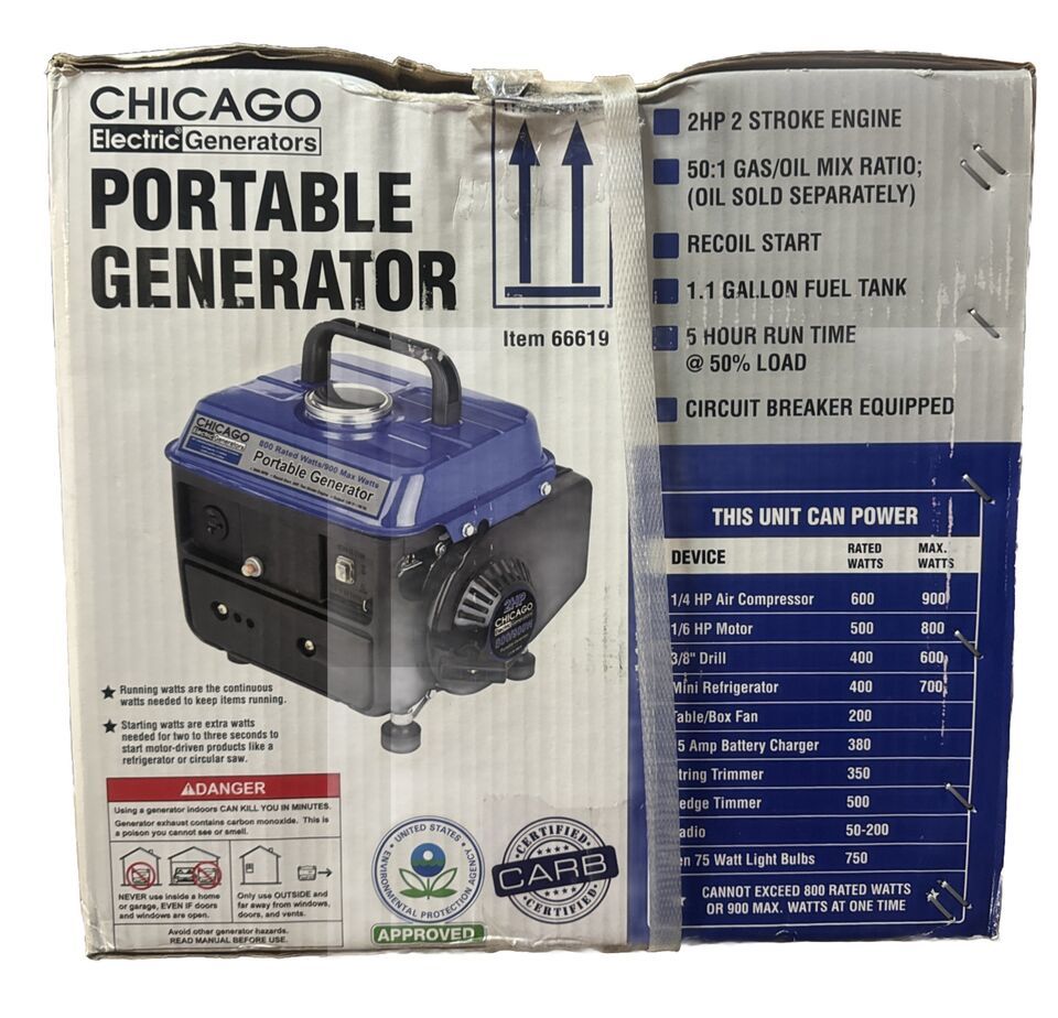 New CHICAGO Electric Portable Generator 2HP 800/900W 5 Hour Run Time