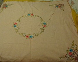 Vtg Embroidered Floral Tan Blue Pink Scallop Tablecloth Table Cloth w/ napkins - £6.82 GBP
